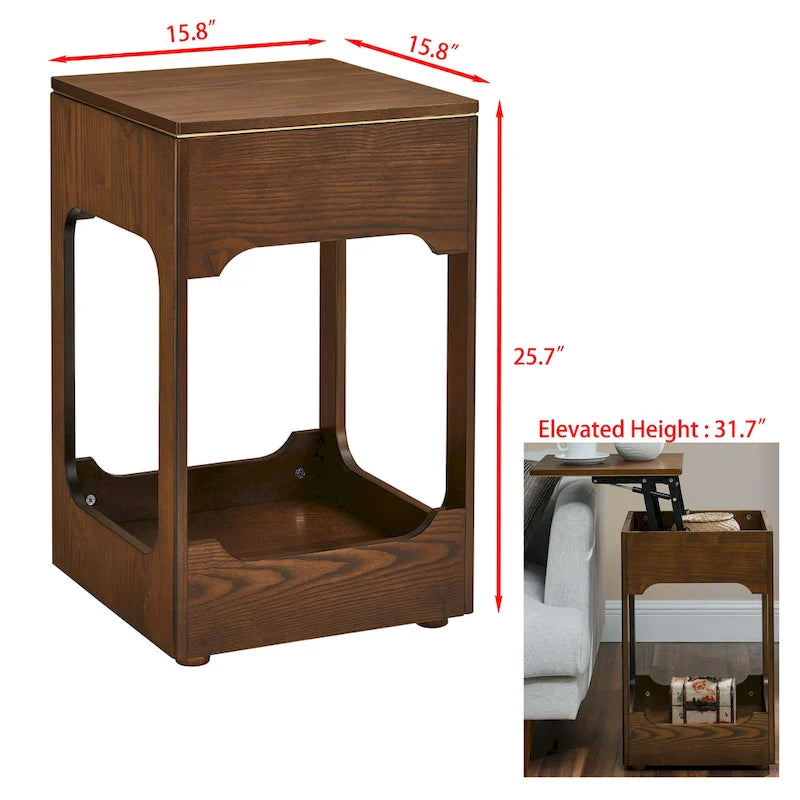 Mid Century Modern Lift Top Side Table, Small Rising End Table Couch Table with Storage Shelf