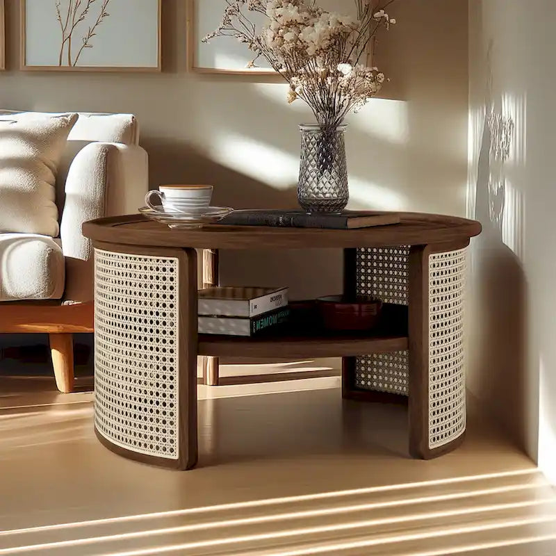 2-Tiered Round Walnut Wood Coffee Table