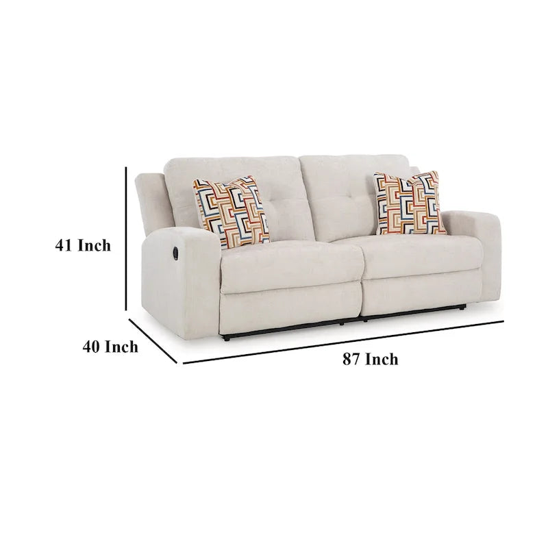 Manual Reclining Sofa, Light Beige Polyester, 2 Pillows, 87 Inch