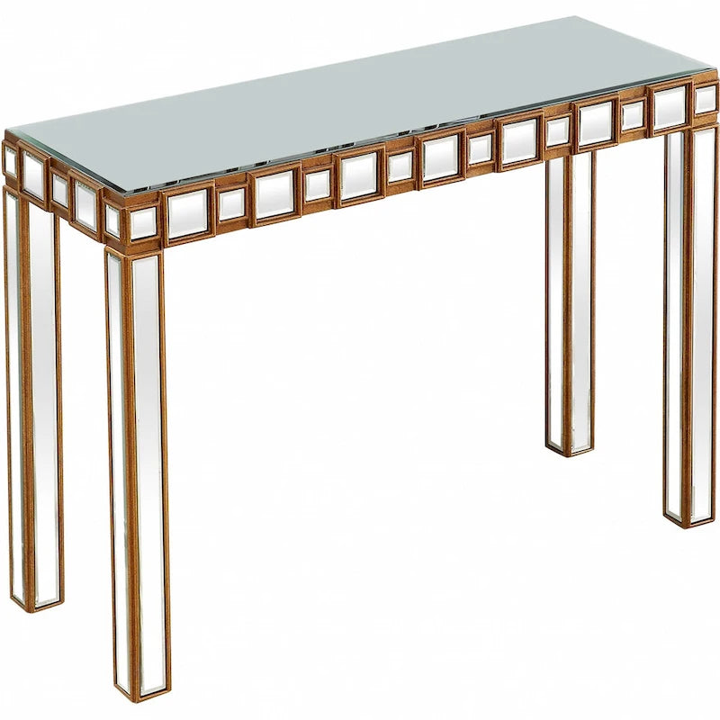 Gold Mirrored Rectangular Console Table and Four-Leg Glass Base - 43 L x 14 W x 31 H