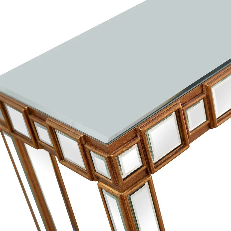 Gold Mirrored Rectangular Console Table and Four-Leg Glass Base - 43 L x 14 W x 31 H