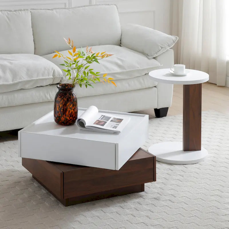 Modern Rotating Coffee Table with Two Hidden Storage Compartments and Two Drawers