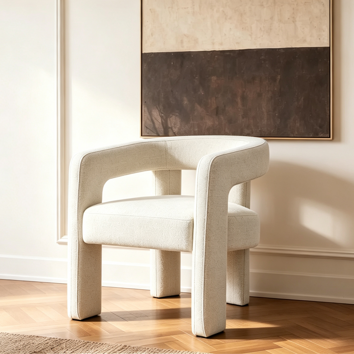 Side Dining Chair Set of 2, Textured Off White Boucle, Curved Back