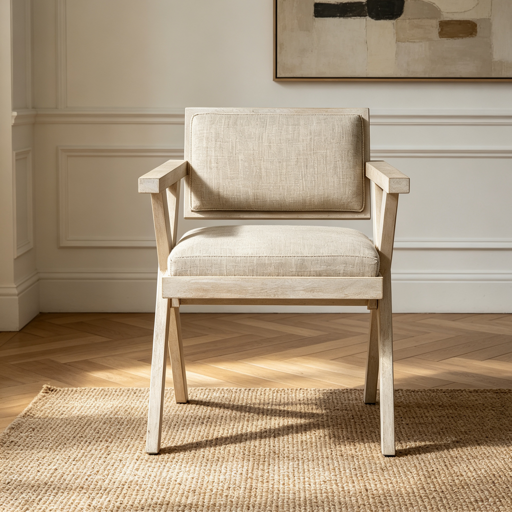 Beige Fabric Wrap Seat With Blonde Solid Wood Frame Dining Chair - 23W x 22D x 31.5H