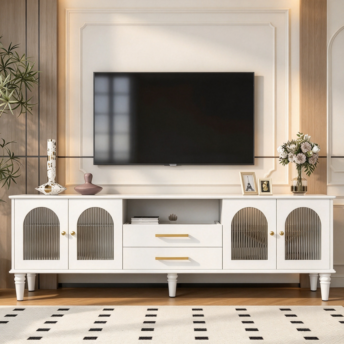 68.9 Retro TV Stand for TVs up to 75 Inches, Entertainment Center Media Console with Fluted Glass Doors for Living Room