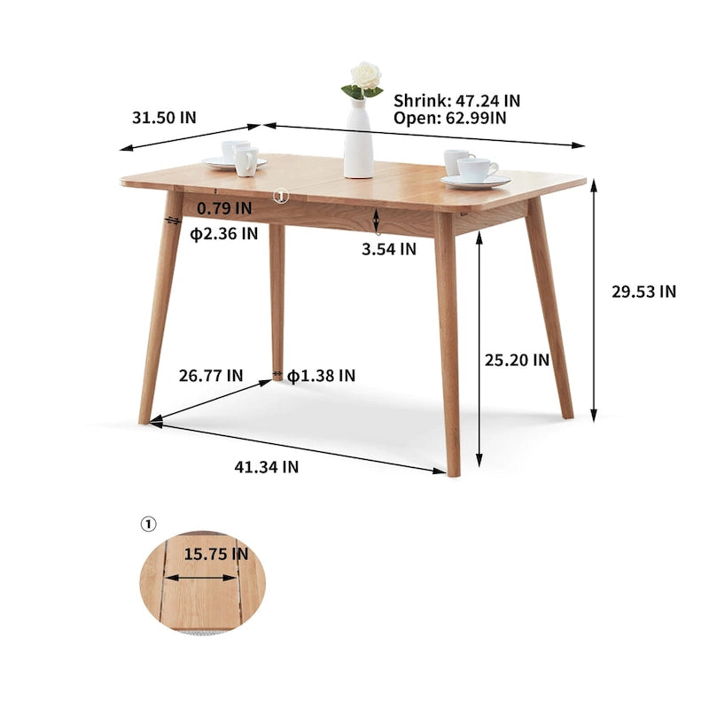Natural Solid Oak Wood Telescopic Meet Dining Table - N/A