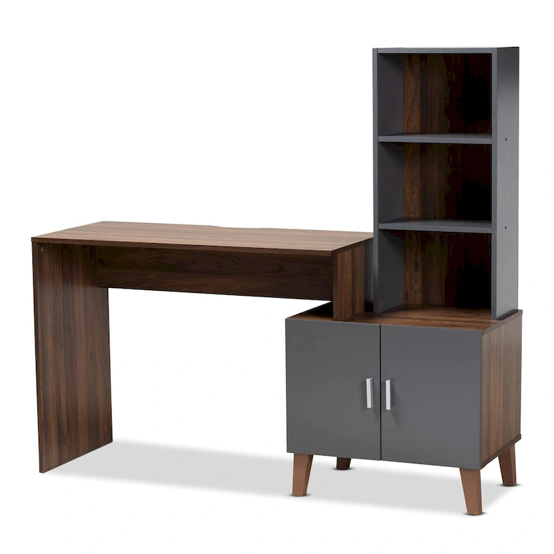 Two-Tone Brown and Dark Grey Wood Storage Desk with Shelves