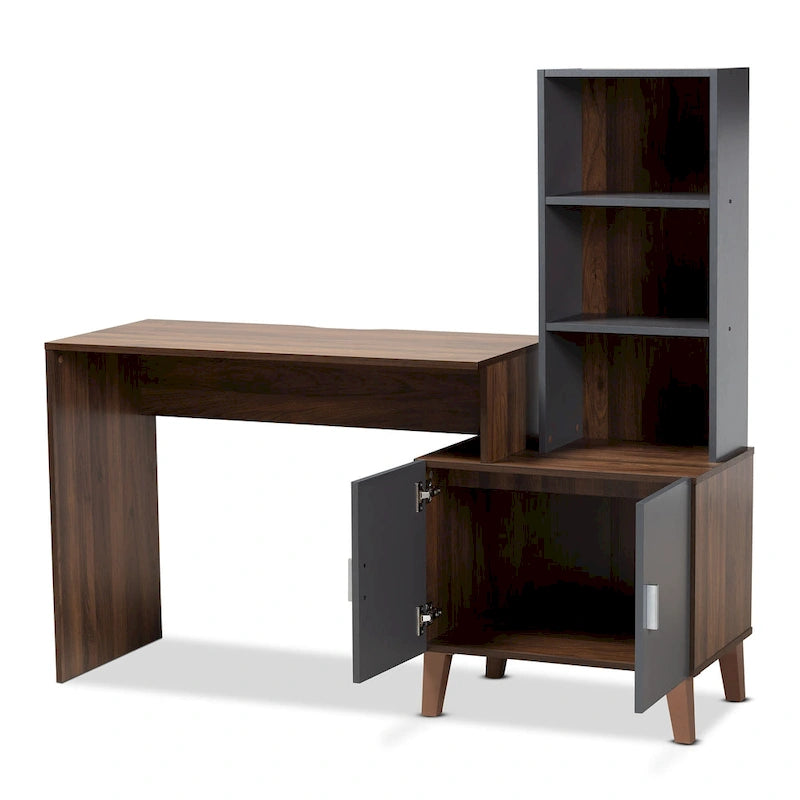 Two-Tone Brown and Dark Grey Wood Storage Desk with Shelves