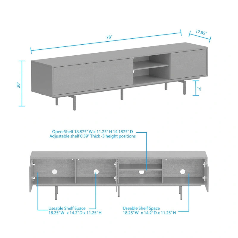 78 x 20 Lowboy Mid-Century Modern TV Stand Console