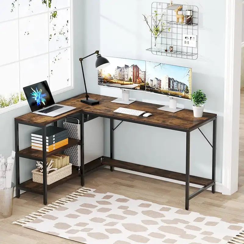 L Desk with Storage Shelves,Corner Desk with Hutch,Home Office Desk Workstation