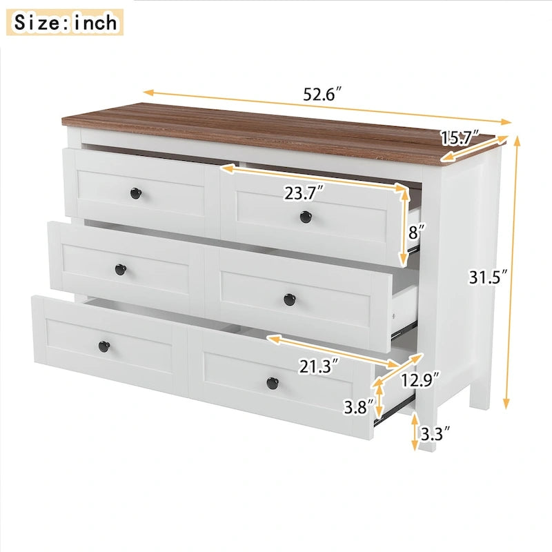 Retro Farmhouse Style Wooden Dresser with 6 Drawer, Storage Cabinet for Bedroom