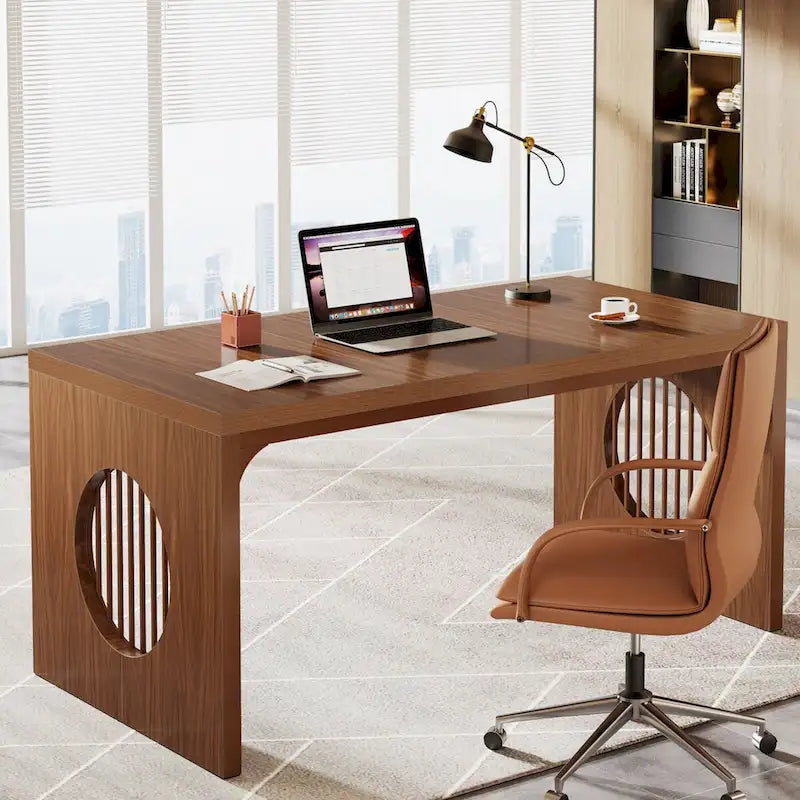 63 Computer Office Desk, Industrial Executive Desk, Rectangular Sturdy Writing Table with Wooden Tabletop for Home Office