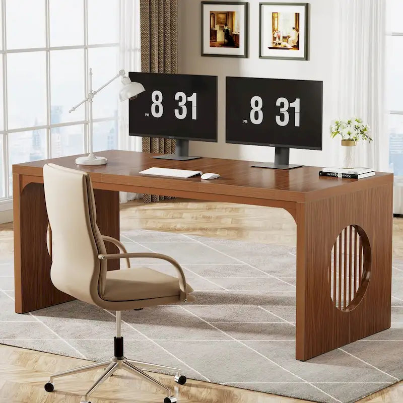 63 Computer Office Desk, Industrial Executive Desk, Rectangular Sturdy Writing Table with Wooden Tabletop for Home Office