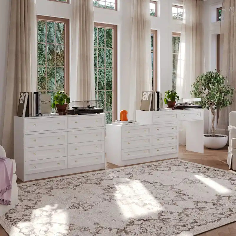 White Dresser and Vanity Versatile Storage Solution Crystal Desk