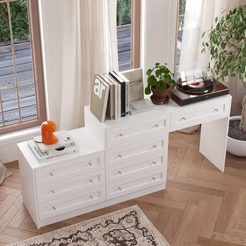 White Dresser and Vanity Versatile Storage Solution Crystal Desk