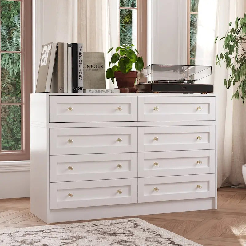 White Dresser and Vanity Versatile Storage Solution Crystal Desk