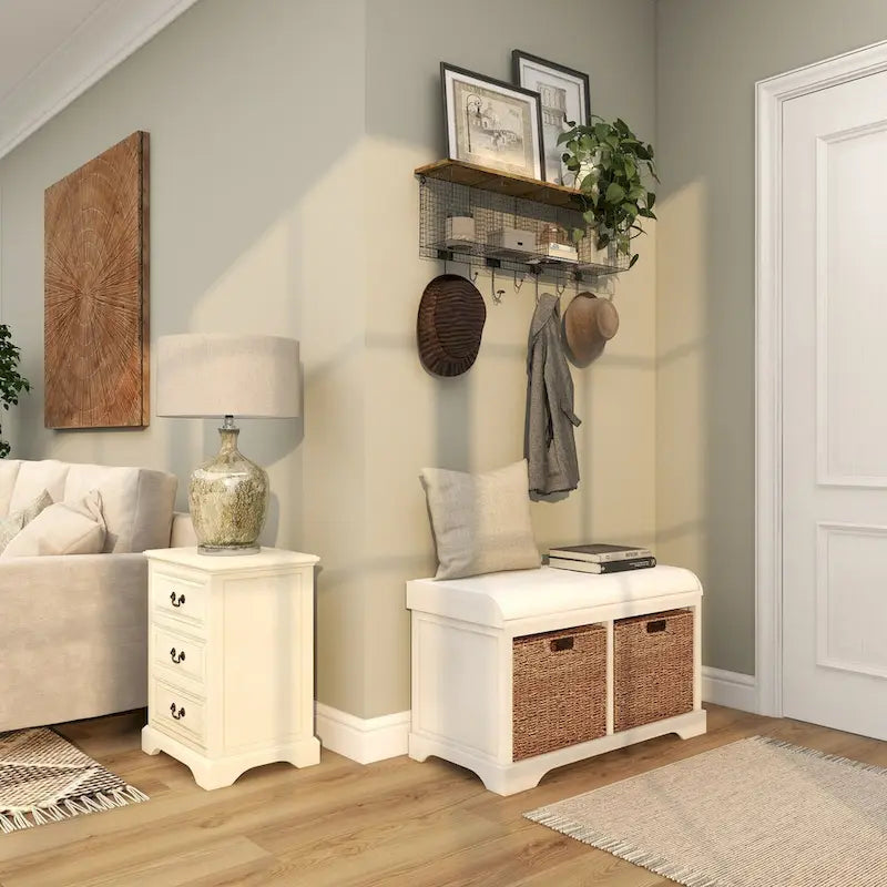 Wood Room Storage Bench with Brown Seagrass Baskets and Cushioned Seat - White